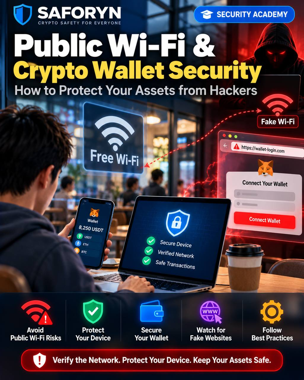 Public Wi-Fi & Crypto Wallet Security — educational cover illustration