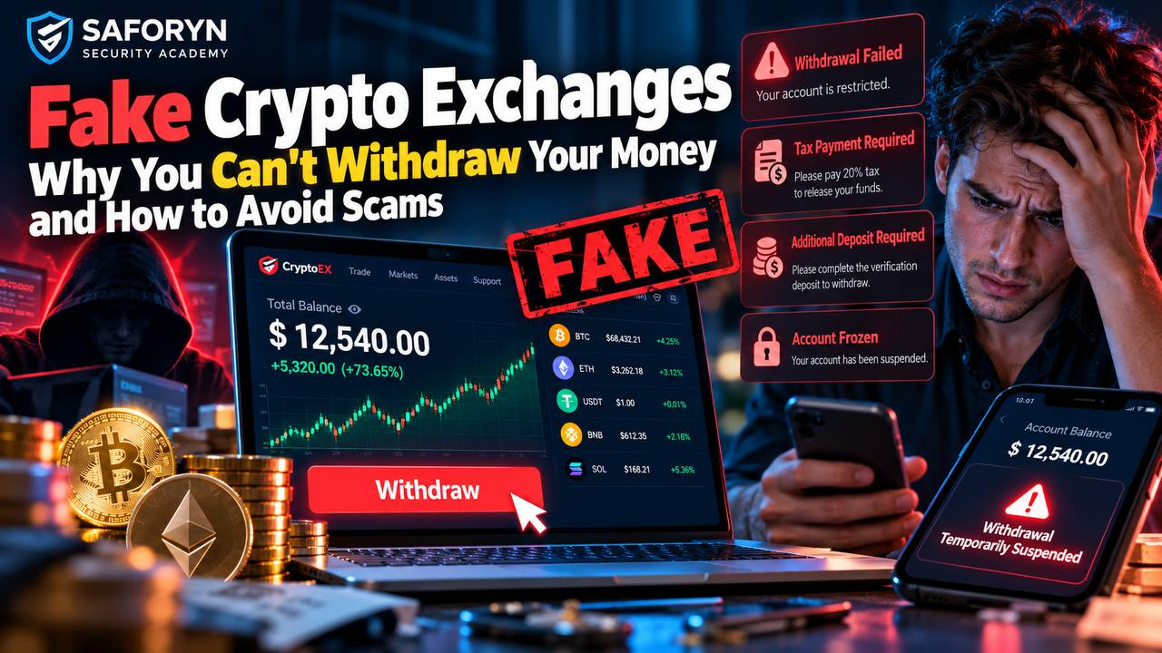 Fake Crypto Exchanges: Why You Can't Withdraw Your Money and How to Avoid Scams — educational cover illustration